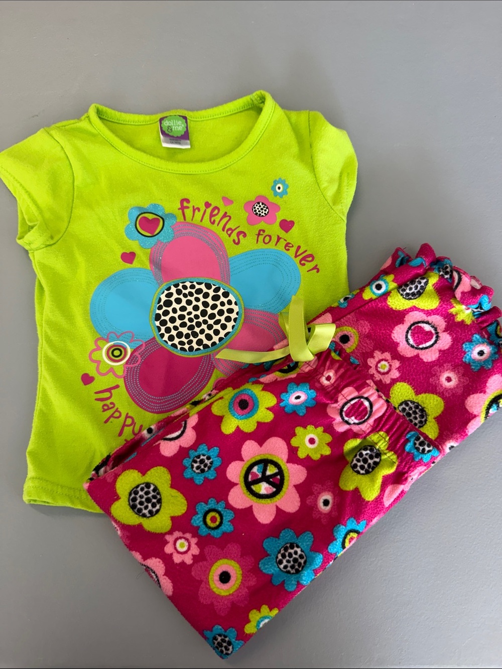 Dollie & Me Neon Green Top with Pink Floral Fleece Pajama Pants
